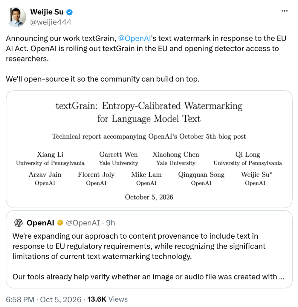textGrain 论文作者 Weijie Su 在 X 上宣布 OpenAI 文本水印上线的帖子截图